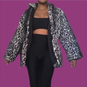 Leopard print faux fur hooded jacket coat